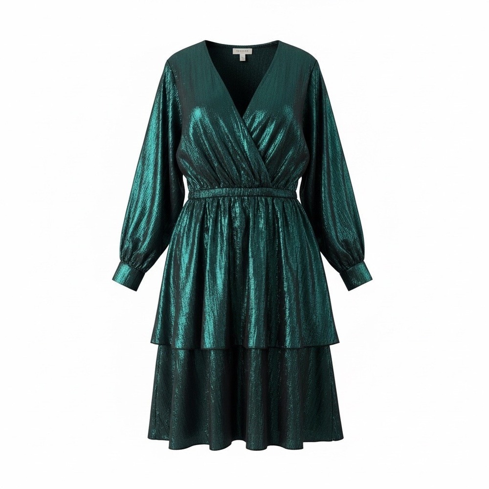 Umgee Metallic Emerald Green Tiered Ruffle Mini Dress V-Neck Long Sleeve Small